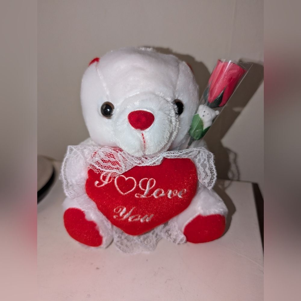 Valentine's I Love You Stuffed Animal Bear White with a Rose New Without Tags